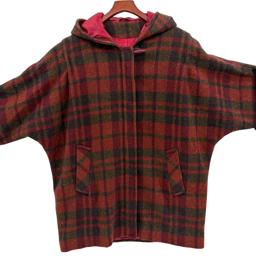 Vintage Mackintosh Wool Coat 14 Red Plaid Dolman Sleeve Hooded Zip‎ Up